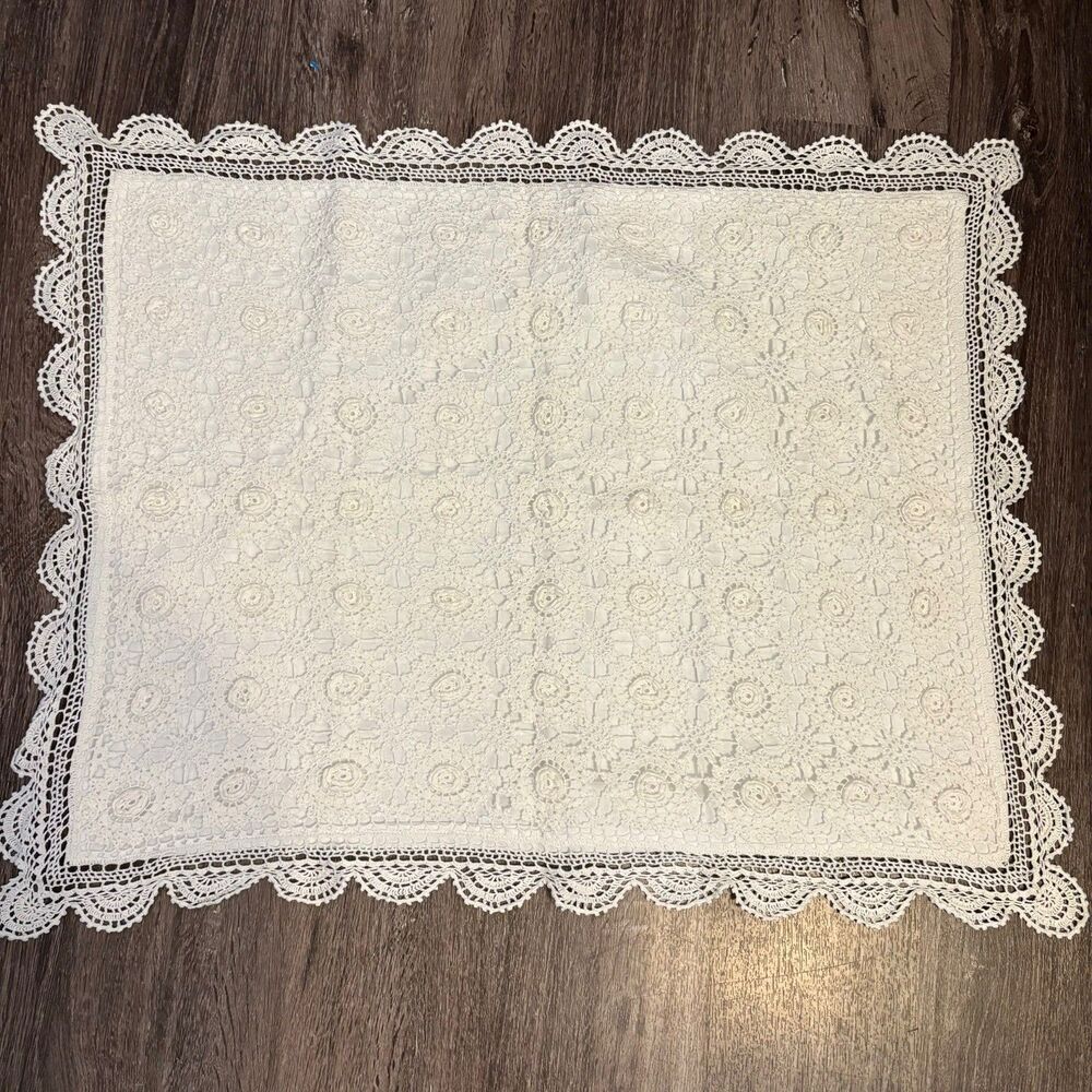 Vintage Pillow Sham White Crochet Lace Overlay 21x27 Granny Chic Cottagecore